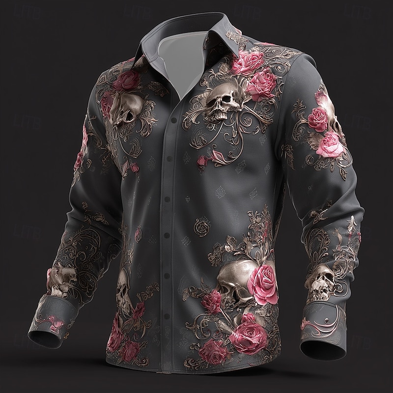 Men's Floral Print Day of the Dead Skulls Shirt Button Up Shirt Long Sleeve Dark Punk Gothic Style Outdoor Holiday Spring Fall Turndown 3D Print Linen Like Shirt Black 1 Black Black 23