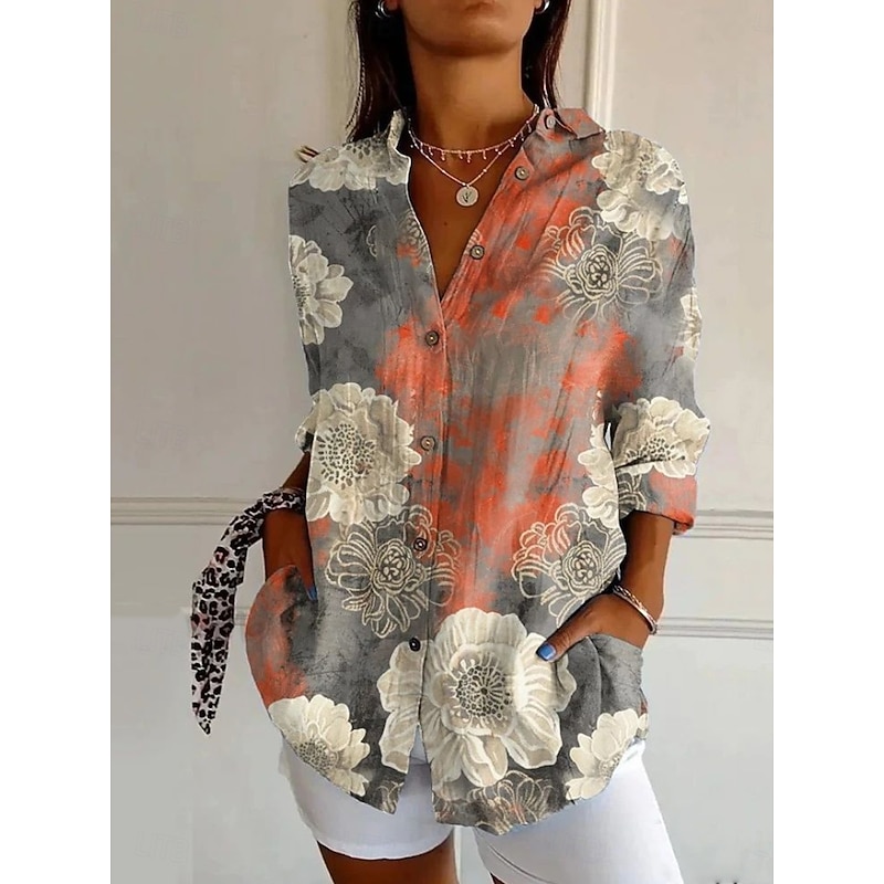 Women's Shirt Floral Graphic Vintage Daily Casual Long Sleeve Shirt Collar Regular Tops Daily Holiday Print Black And White Black Purple Orange Summer Spring3