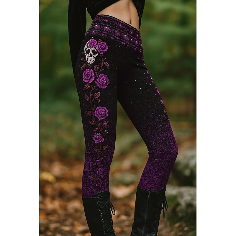 Halloween Women's Leggings Vacation Vintage Ethnic Style Full Length High Waist Graphic Skull 3D Print Quick Dry Breathability Soft Stretchy Outdoor Home Causal Pink Red Blue Purple Fall Slim Fit2