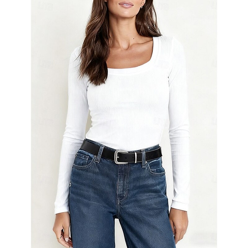 Women's T Shirt Graphic Plain Vintage Stylish Classic Long Sleeve Square Neck Regular Tops Daily Print Black White Pink Wine Purple Spring Fall4