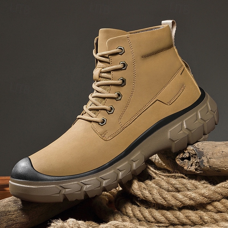 Men's Waterproof Faux Leather Lace-Up Ankle Boots with Rugged Non-Slip Sole, Casual Outdoor Workwear Style for Hiking, Construction, and Daily Wear