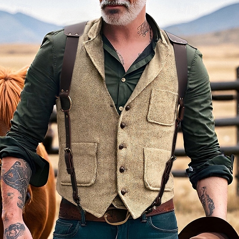 Men's Vest Waistcoat Gilet Vacation Party Business Fashion Casual Spring Fall Pocket Buttons Polyester Comfortable Plain Single Breasted One-button Lapel Regular Fit Khaki Dark Gray Vest