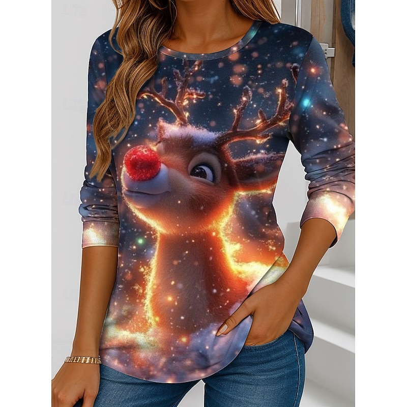 Christmas Women's T Shirt Santa Claus Reindeer Snowflake Vintage Stylish Classic Long Sleeve Crew Neck Round Neck Regular Tops Weekend Print Sage Green Army Green Royal Blue Blue Gold Winter2