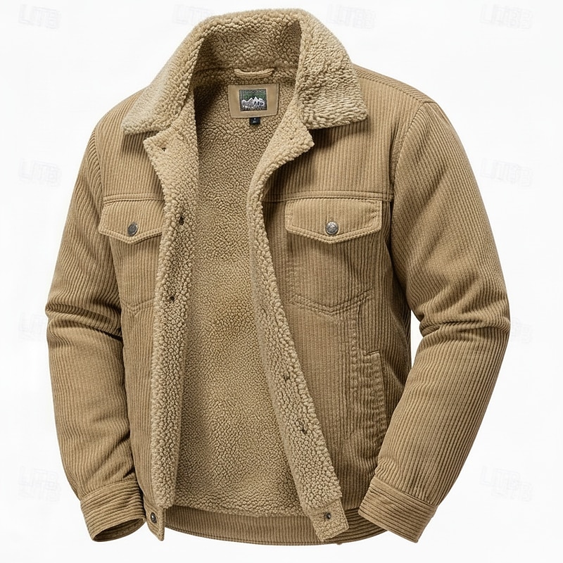 Men's Corduroy Jacket Fleece Jacket Formal Home Thermal Warm Pocket Plain Fall Winter Solid Color Active Neutral Shirt Collar Regular Black Khaki Dark Gray Coffee Jacket4