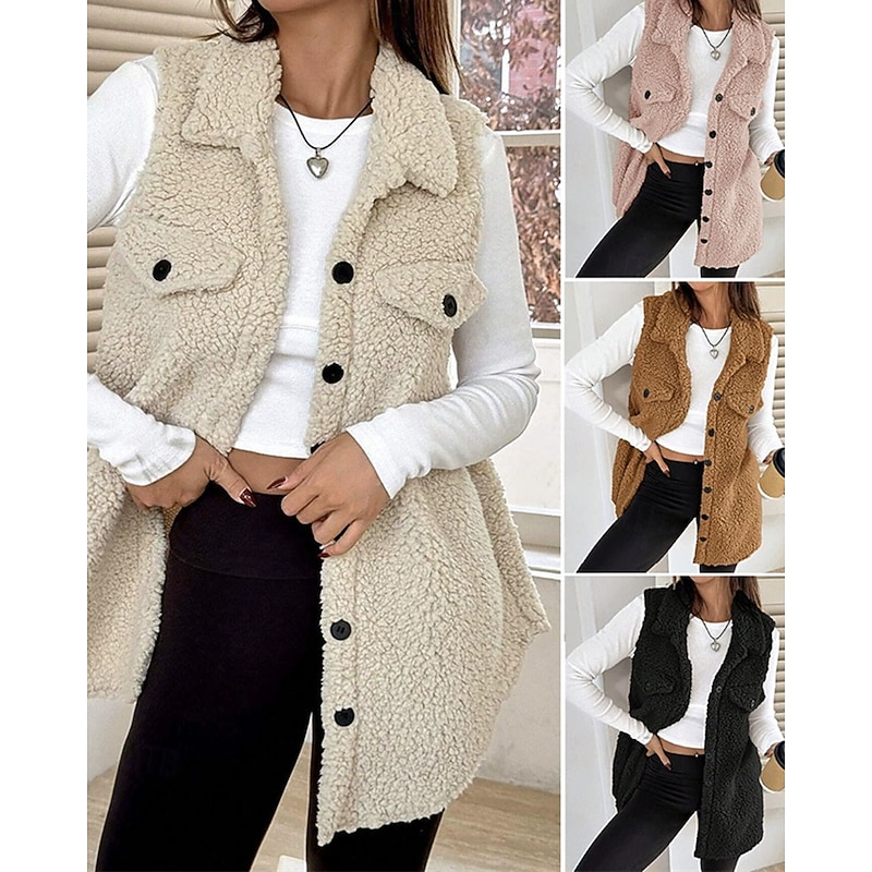 Women's Fleece Jacket Casual Jacket Warm Comfortable Pocket Buttons Fashion Outdoor Plain Going out Weekend Single Breasted Regular Lapel Regular Fit Long Sleeve Outerwear Black Pink Camel Fall Winter