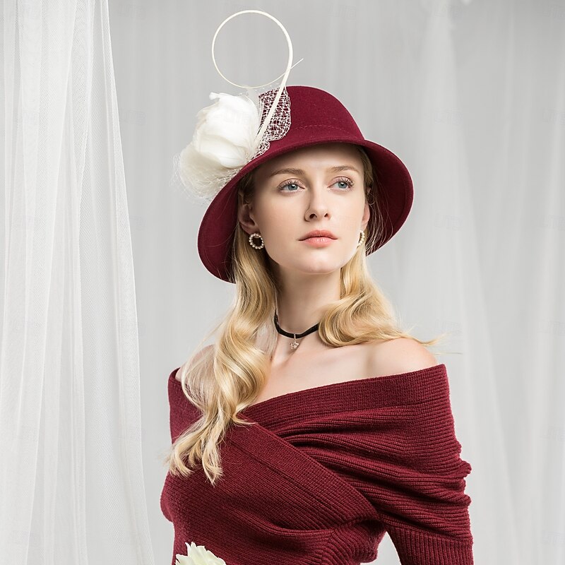 Hats 100% Wool Bowler / Cloche Hat Bucket Hat Fedora Hat Wedding Evening Party Elegant Wedding With Feather Floral Headpiece Headwear3