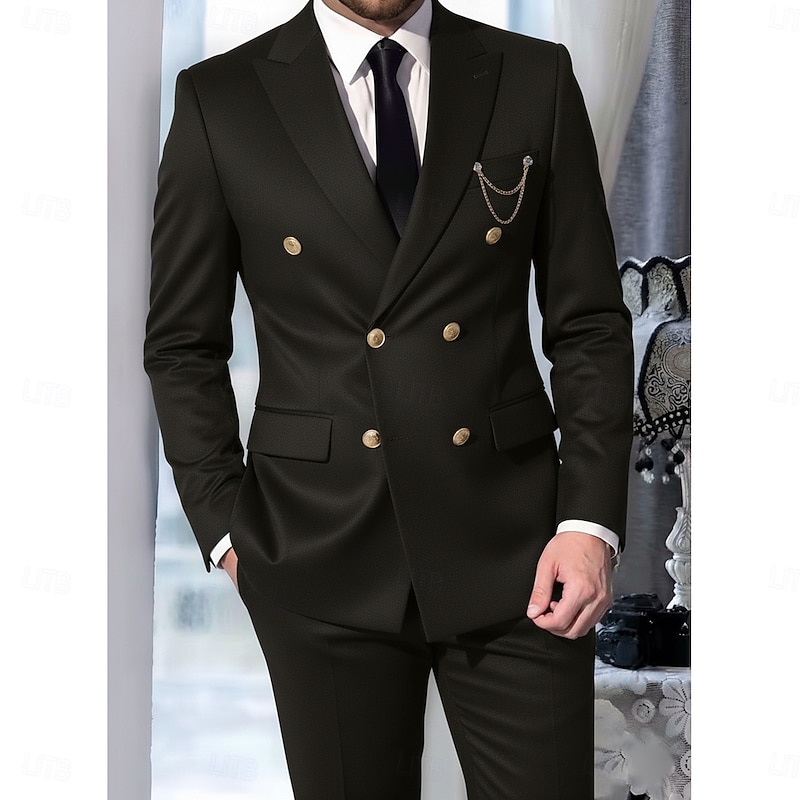 Men's Wedding Party Business Suits Peaked Lapel Black Brown Formal Solid Colored Tailored Fit 2 Piece Double Breasted Six-buttons