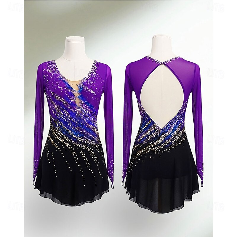 Figure Skating Dress Women's Girls' Ice Skating Dress Purple Patchwork Open Back Mesh Spandex High Elasticity Training Competition Skating Wear Classic Crystal / Rhinestone Long Sleeve Ice Skating