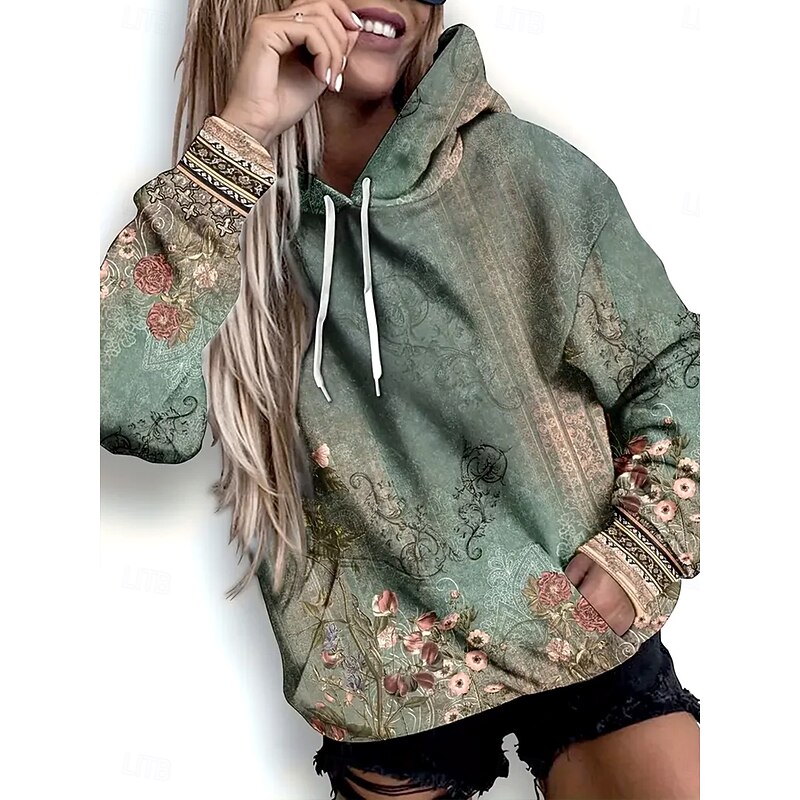 Women's Pullover Hoodie Sweatshirt Floral Graphic Geometric Warm Vintage Casual Long Sleeve Hooded Regular Tops Street Dailywear Casual Patchwork Print Front Pocket Grass Green Spring Fall Winter