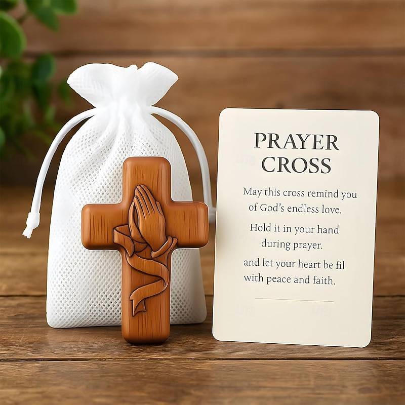Wooden Prayer Hands Cross with Inspirational Message Cards A Silent Embrace of Faith Wooden Crosses Desktop Ornaments Suitable for Prayer Meetings, Baptismal Ceremonies, and Confirmation Celebrations3