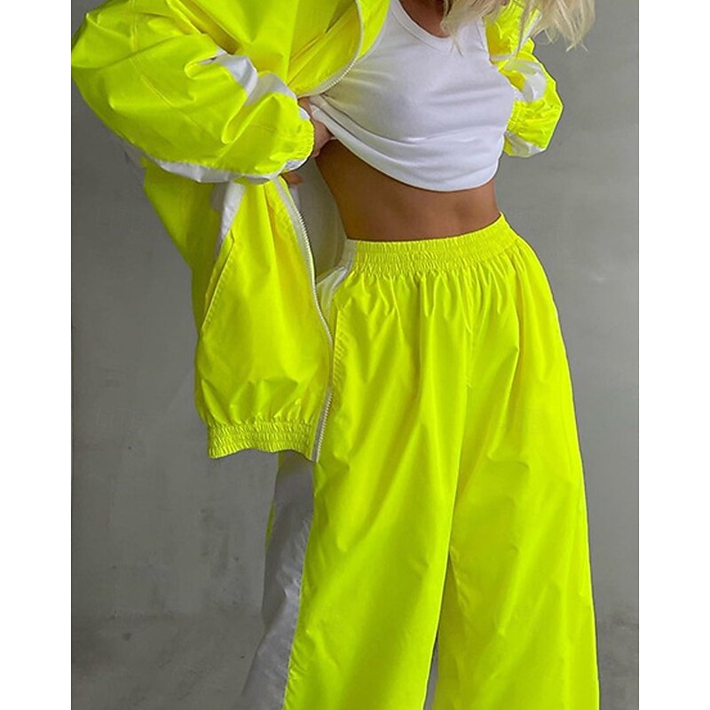 Women's Active Fashion Blouse Pants Sets Sweatshirt Long Sleeve Shirt Collar Color Block Ruched Zipper Outdoor Holiday Going out Yellow Pink Army Green Fall Regular Fit