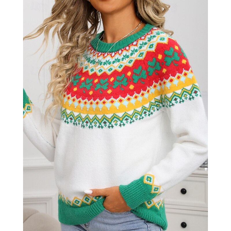 Women's Sweater Pullover Streetwear Casual Floral Ribbed Crew Neck Knitted Print Long Sleeve Regular Tops Knit Christmas Daily Holiday White Pink Fall Winter3