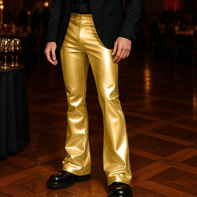 Men's Trousers Dress Pants Bell Bottom Flared Pants Faux Leather Pants Pocket Plain Comfort Full Length Party Stage Going out Fashion Streetwear Gold Stretchy