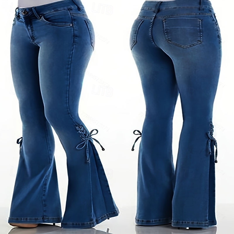 Women's Jeans Flare Vacation Vintage Fashion Full Length Medium Waist Plain Pocket Buckle Comfortable Micro-elastic Outdoor Vacation Daily Black Dark Blue Light Blue Spring Fall Regular Fit2