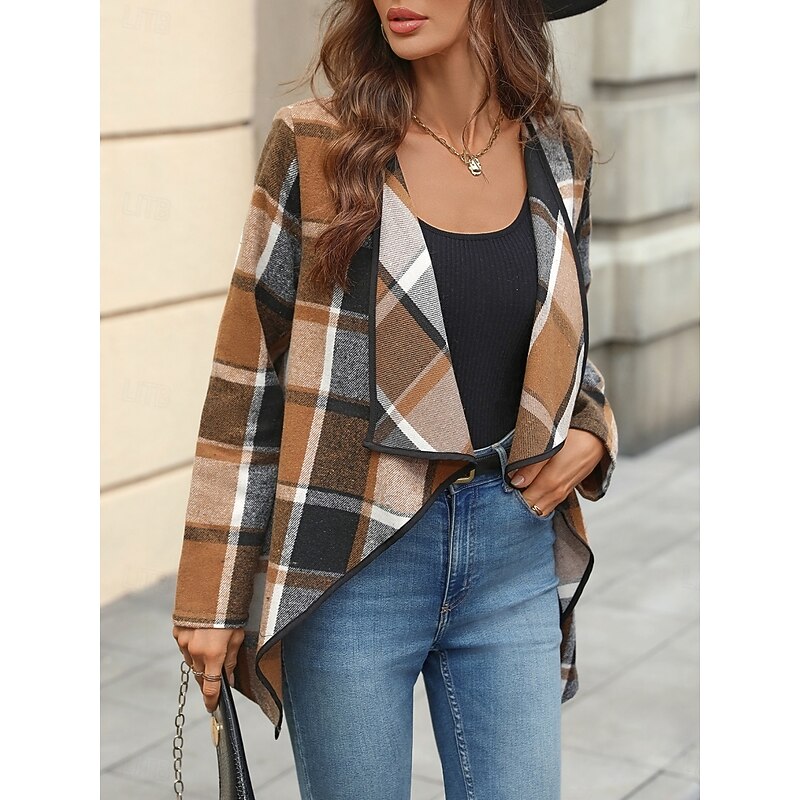 Women's Casual Jacket Comfortable Breathable Print Open Front Casual Plaid Vacation Street Casual Daily Wear Open Front Regular Turndown Regular Fit Long Sleeve Outerwear Red Apricot Spring Fall2