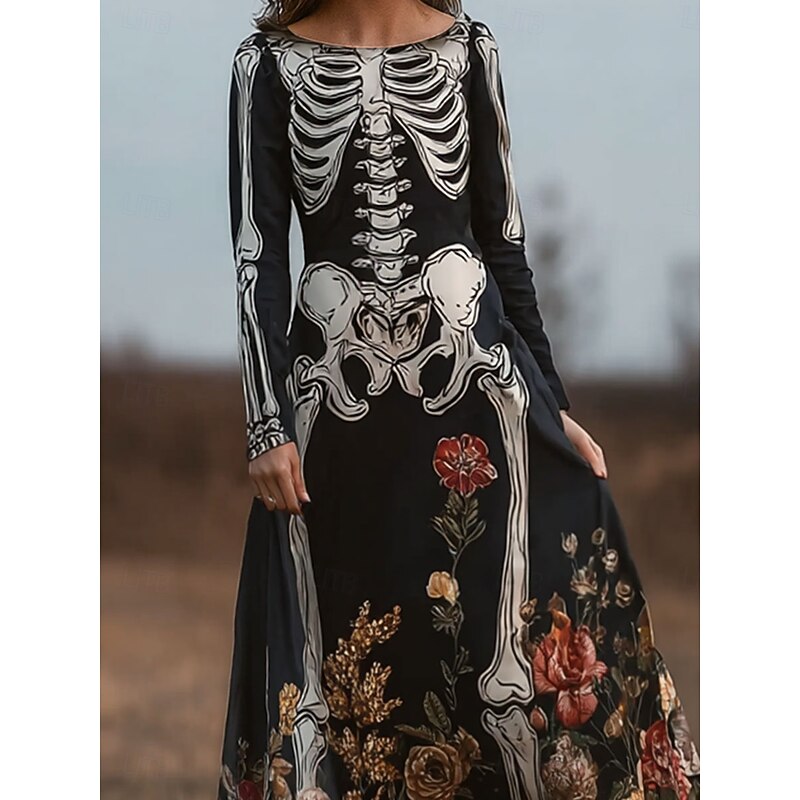 Halloween Women's Skeleton Floor length Sheath Dress A Line Dress Casual Boho Wedding Guest Beach Regular Fit Floral Graphic Long Sleeve Crew Neck Black Spring Fall Winter2