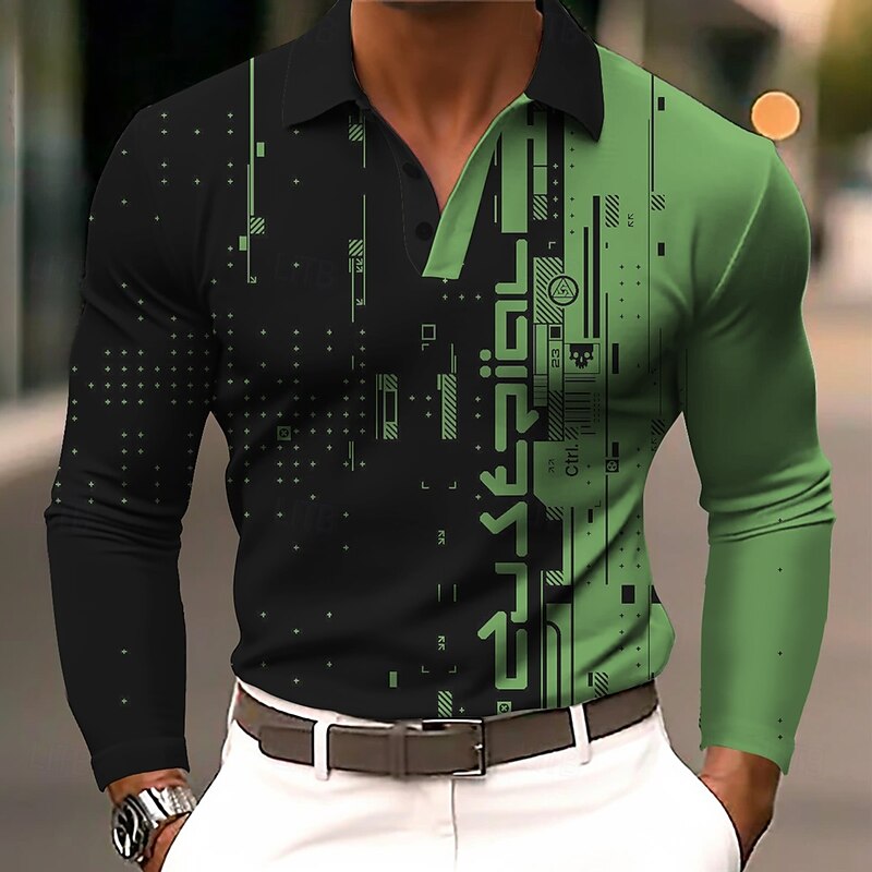 Men's Geometric Polo Long Sleeve Polo Shirts Lapel Business Casual Athleisure Daily Wear 3D Print Buttons Spring Fall Winter White Blue Purple3