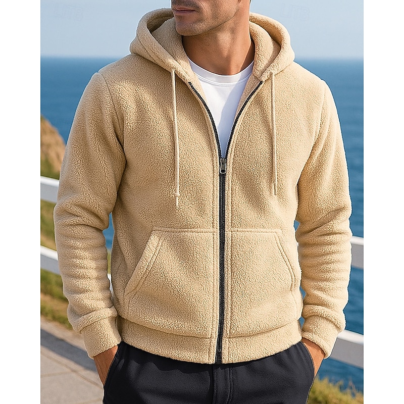 Men's Zip Up Sweatshirt Winter Coat Polar Fleece Jacket with Pockets Long Sleeve Top Athleisure Fall Solid Colored Windproof Warm Outdoor Travel Vacation Sportswear Activewear Black Khaki Dark Blue3
