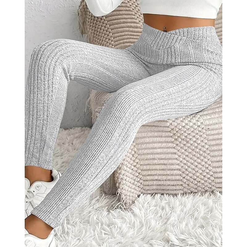 Women's Skinny Tights Leggings Vacation Vintage Streetwear Full Length High Waist Plain Striped Elastic Waist Comfortable Micro-elastic Stretchy Outdoor Vacation Daily Light Gray Black Fall Winter2