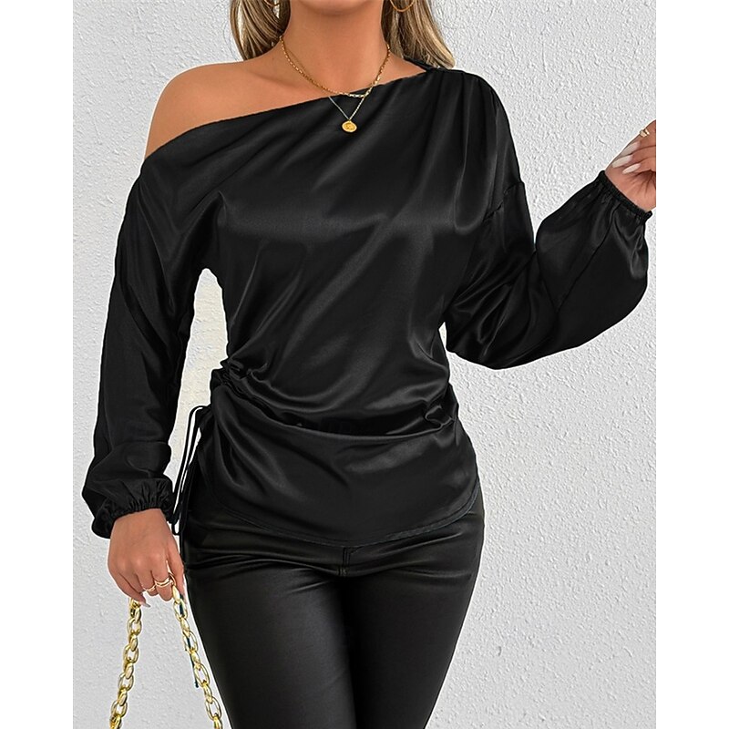 Women's Shirt Elegant Dressy Satin Plain Stylish Casual Long Sleeve Cold Shoulder Regular Tops Daily Going out Asymmetric Black Green Spring Fall4