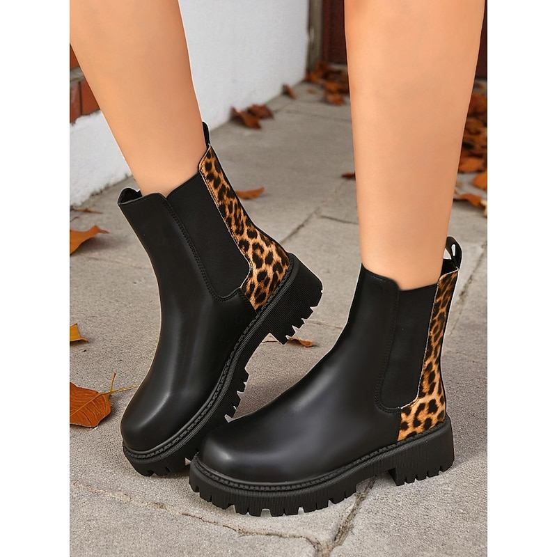 Women's Black Chelsea Boots with Leopard Print Detail – Fashion Ankle Boots for Fall Winter Casual Wear