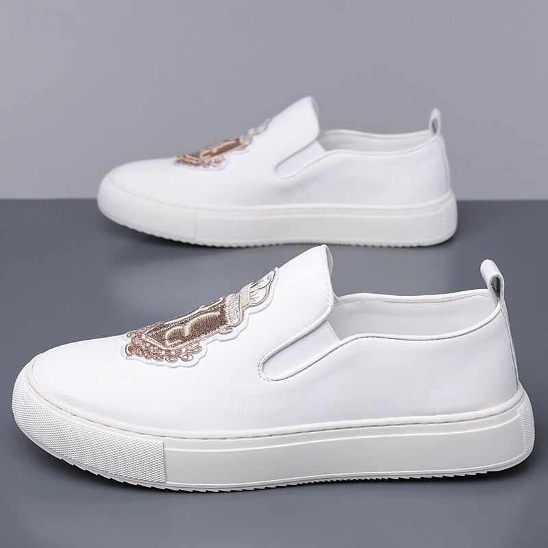 Men's White Casual Slip-On Sneakers – Embroidered Fashion Street Style Comfortable Walking Shoes for Daily Wear, Travel and Weekend Outfits4