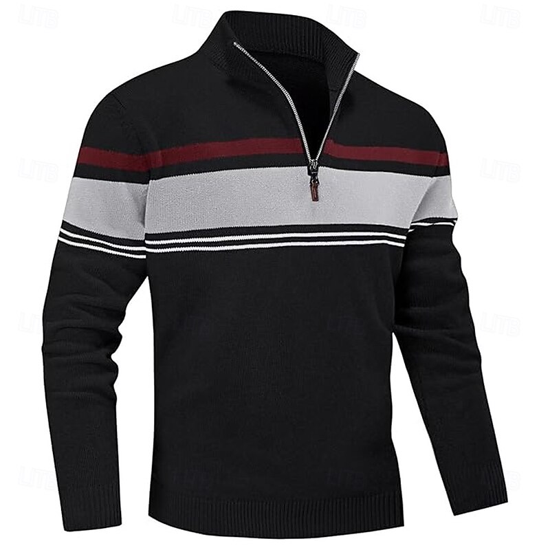 Men's Striped Zip Sweater Sweater Polo Zip Collar Casual Vacation Home Daily Zipper Color Block Knitting Long Sleeve Fall Winter Dark Gray and Black Red + Black Black