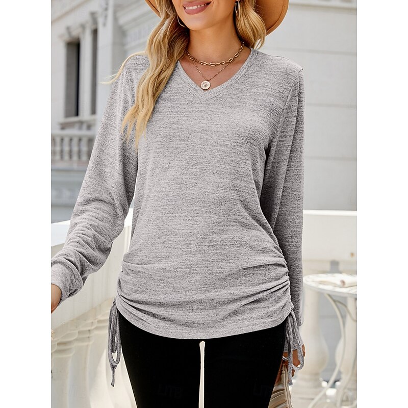 Women's Blouse Solid Color Stylish Casual Long Sleeve V Neck Regular Tops Daily Smocked Black Brown Gray Light Blue Spring Fall2