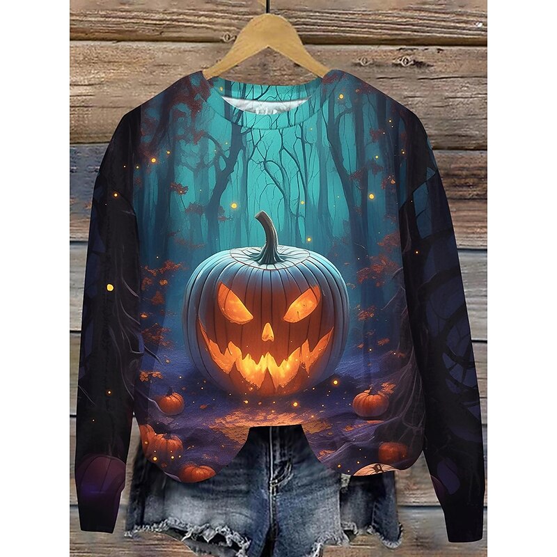 Halloween Women's Pullover Sweatshirt Graphic Skull Fashion Casual Long Sleeve Crew Neck Regular Tops Street Dailywear Casual Print Black Blue Orange Fall Winter2