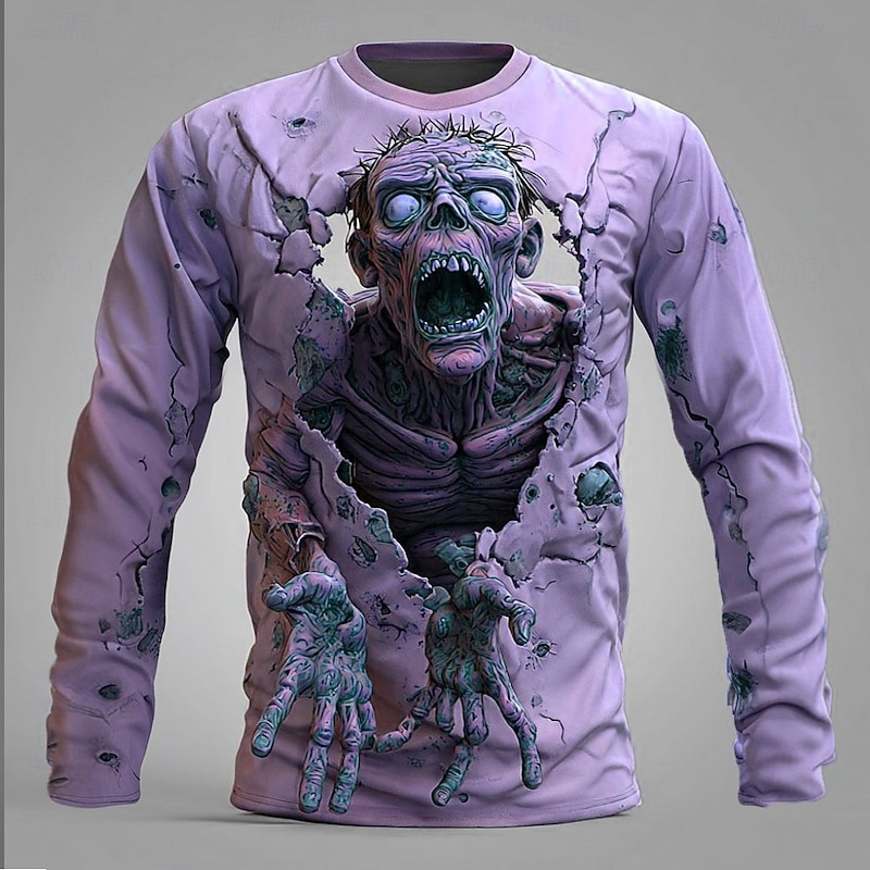 Halloween Men's Zombies 3D T Shirt Long Sleeve T shirt 3D Print Crew Neck Shirt Fashion Exaggerated Street Casual Daily Blue Purple Green Summer Spring Fall Clothing Apparel S M L XL XXL XXXL2
