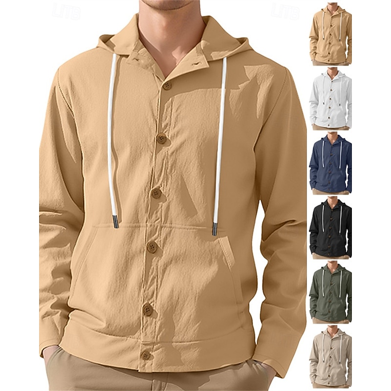 Men's Shirt Summer Shirt Casual Shirt Beach Shirt Button Up Shirt Black White Yellow Navy Blue khaki Long Sleeve Plain Hooded Vacation Hawaiian Drawstring Clothing Apparel Fashion Casual Comfortable
