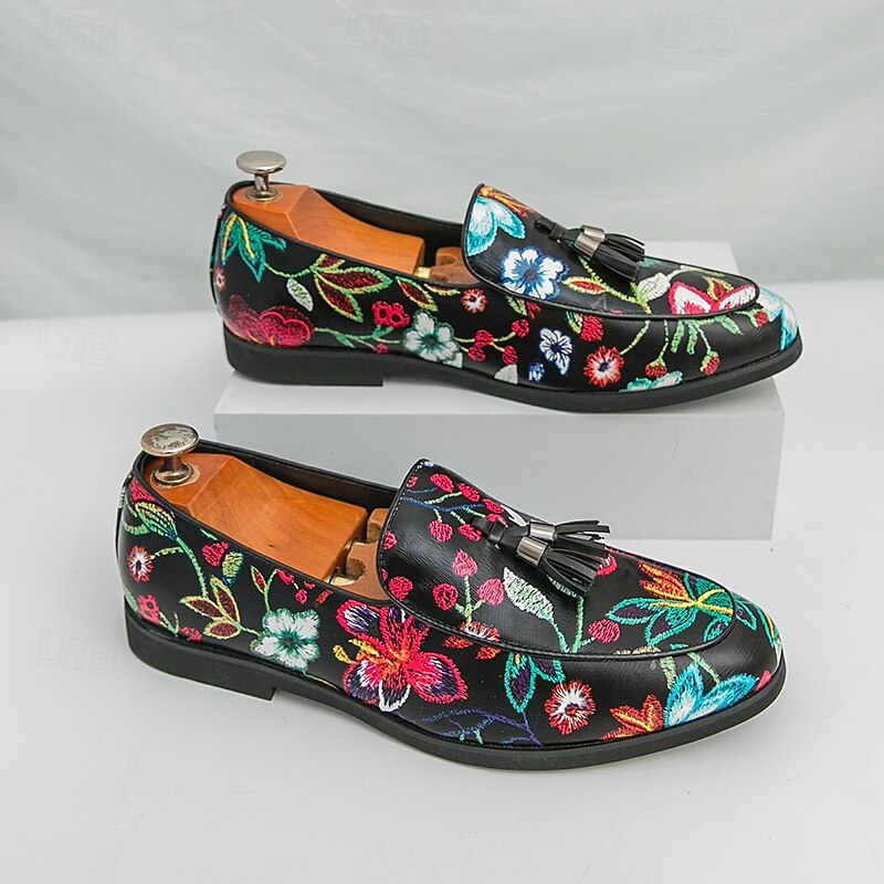 Men's Black Floral Embroidered Tassel Loafers – Colorful Slip-On Dress Shoes for Weddings, Proms, Cocktail Parties and Performances4
