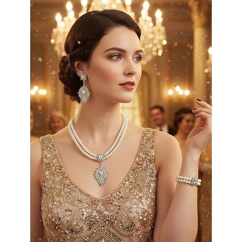 Women's Pearl Jewelry Set with Crystal Flower Accents - Vintage Gatsby Style Necklace, Earrings and Bracelet for 1920s Party and Cocktail Events2
