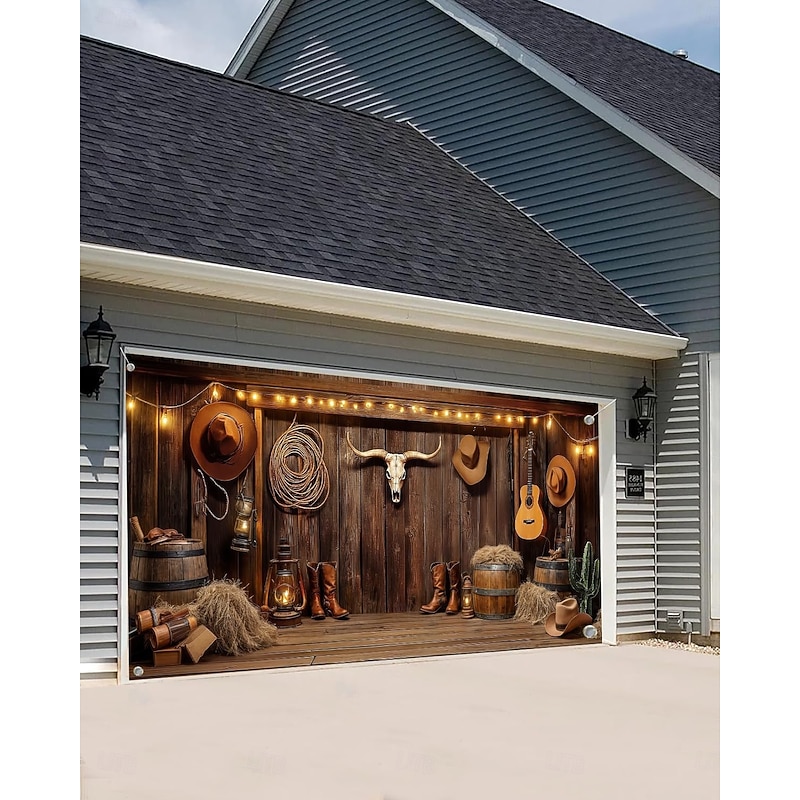 Garage Door Cover Large Hanging Backdrop Cowboy Barn Bull Skull Western Rustic Cottagecore Party Outdoor Shooting Backgrounds Front Door Home Decor2