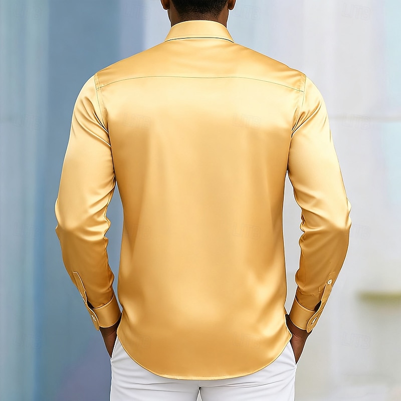 Men's Shirt Satin Shirt Casual Shirt Button Up Shirt Plain Formal Wedding Black Blue Gold Green Long Sleeve Lapel Fall Spring &  Fall Clothing Apparel Ruched4