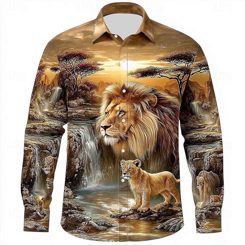 Men's Animal Lion Nature Shirt Button Up Shirt Long Sleeve Vintage Retro Outdoor Casual Holiday Spring Fall Turndown 3D Print Collared Shirts Dark Khaki Brown Green Khaki2
