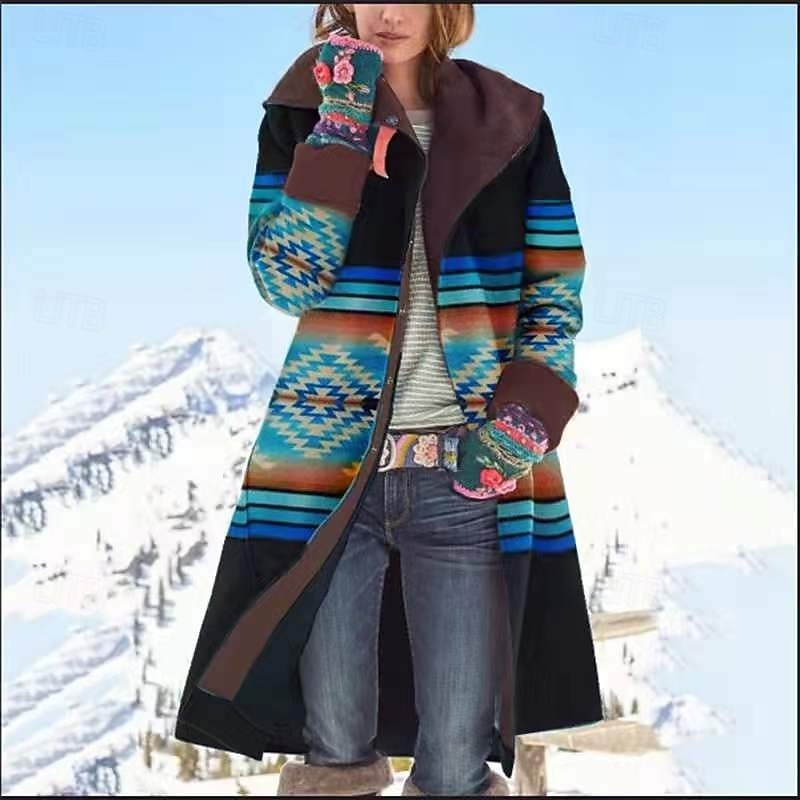 Women's Sherpa Jacket Casual Jacket Comfortable Breathable Print Casual Geometric Vacation Street Casual Daily Wear Open Front Long Turndown Regular Fit Long Sleeve Outerwear Black Red Blue Spring3