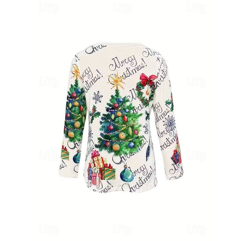 Christmas Women's T Shirt Graphic Christmas Tree Vintage Stylish Casual Long Sleeve V Neck Regular Tops Daily Print White Spring Fall Winter3
