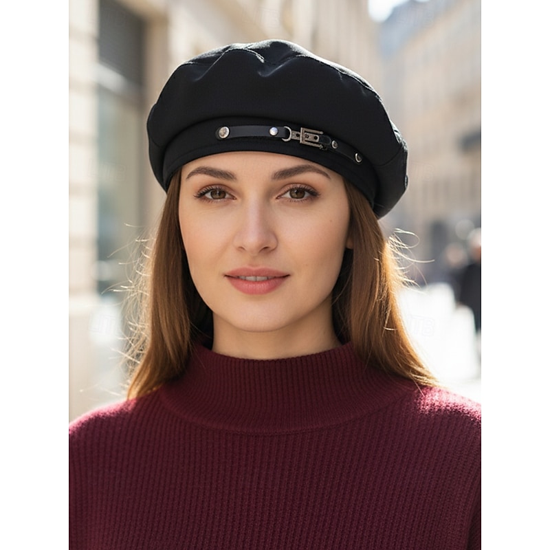 Women's Polyester Beret Hat – Stylish Buckle Decor French Painter Cap, Vintage Casual Newsboy Hat for Autumn Winter Streetwear2