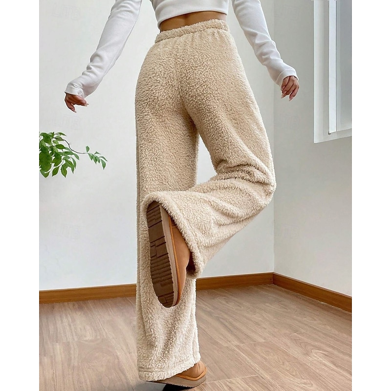 Women's Wide Leg Slacks Fashion Casual Full Length Mid Waist Plain Elastic Waist Thermal Warm Inelastic Stretchy Formal Vacation Street Light Gray Dark-Gray Camel Grey Winter Regular Fit Loose Fit3
