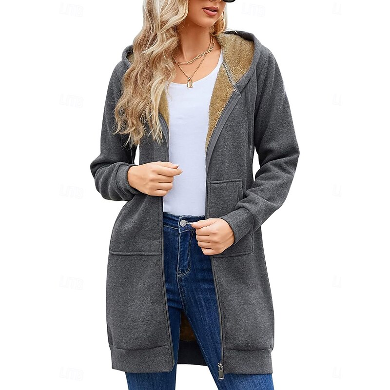 Women's Winter Coat Sherpa Jacket Comfortable Breathable Pocket Casual Plain Vacation Street Casual Daily Wear Zipper Long Hooded Regular Fit Long Sleeve Outerwear Black Wine Navy Blue Spring Fall4