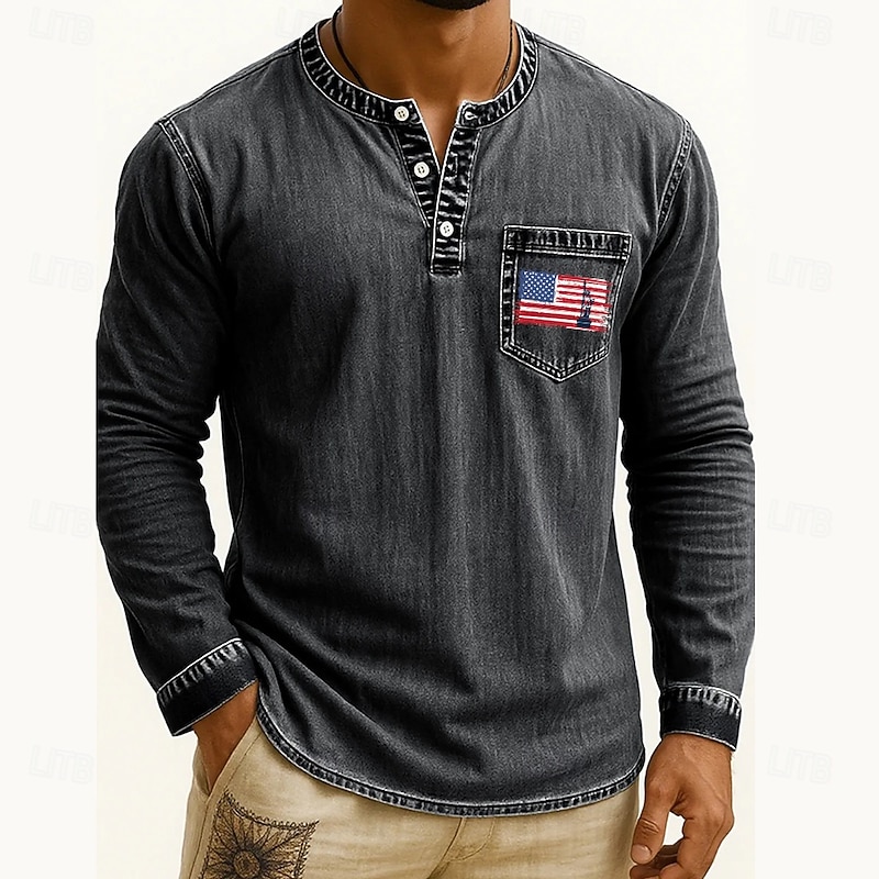 Men's Henley Shirt Tee Tee Top Long Sleeve Shirt Long Sleeve Henley Fall Winter Flag Retro Fashion Designer Fashion Vintage Vacation Street Going out Dark Brown Navy Black Top Tee for Men3
