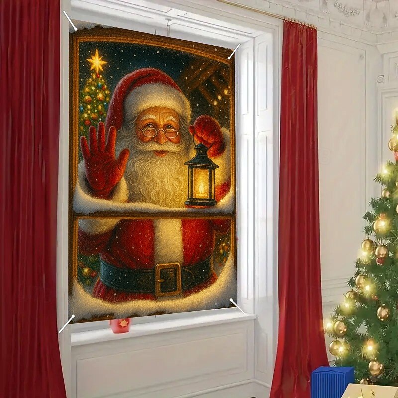 Christmas Santa with Lantern Curtain, 2025 Xmas Classic Window Curtain Door Cover for Holiday Decoration, Indoor Outdoor Hanging Tapestry3