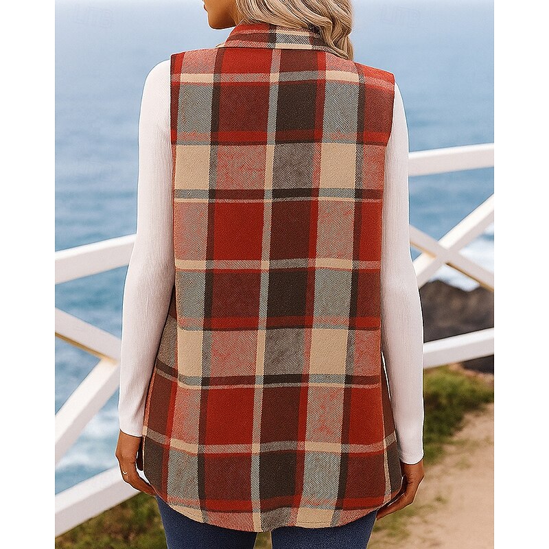 Women's Fleece Vest Buttons Sleeveless Top Athleisure Plaid Checkered Fashion Warm Outdoor Travel Sports Sportswear Activewear Red Green Khaki2