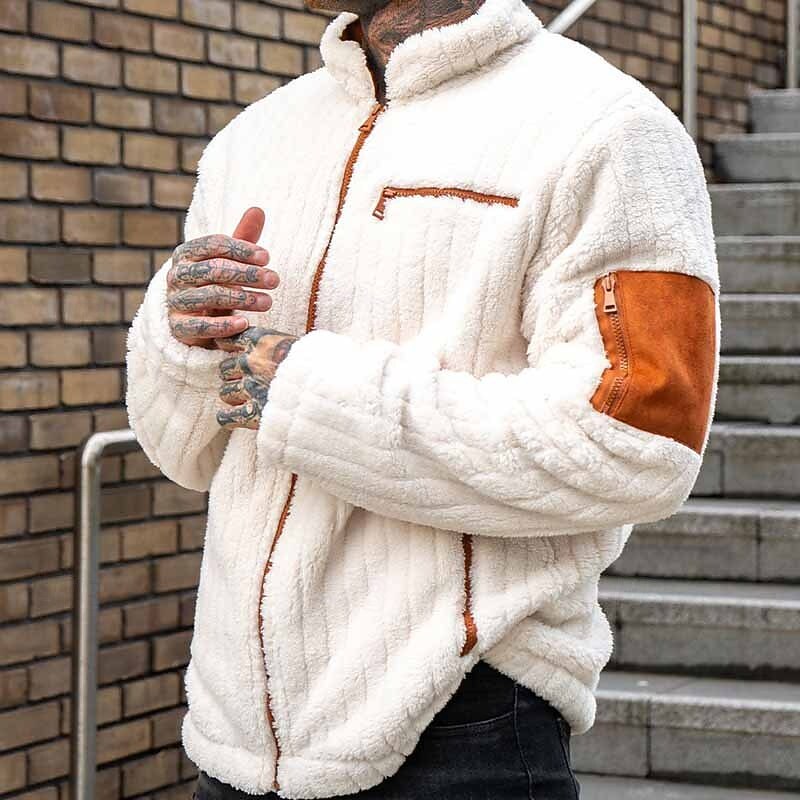 Men's Winter Jacket Fleece Jacket Teddy Coat Vacation Daily Thermal Warm Pocket Fleece Winter Color Block Fashion Streetwear Stand Collar Regular White Jacket2