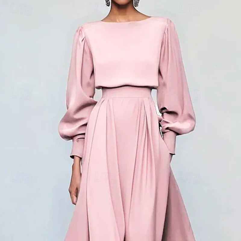 Women's Midi Dress Cocktail Dress Satin Dress Pink Dress Elegant Modern Outdoor Holiday Going out Regular Fit Plain Long Sleeve Crew Neck Pink Spring Fall2