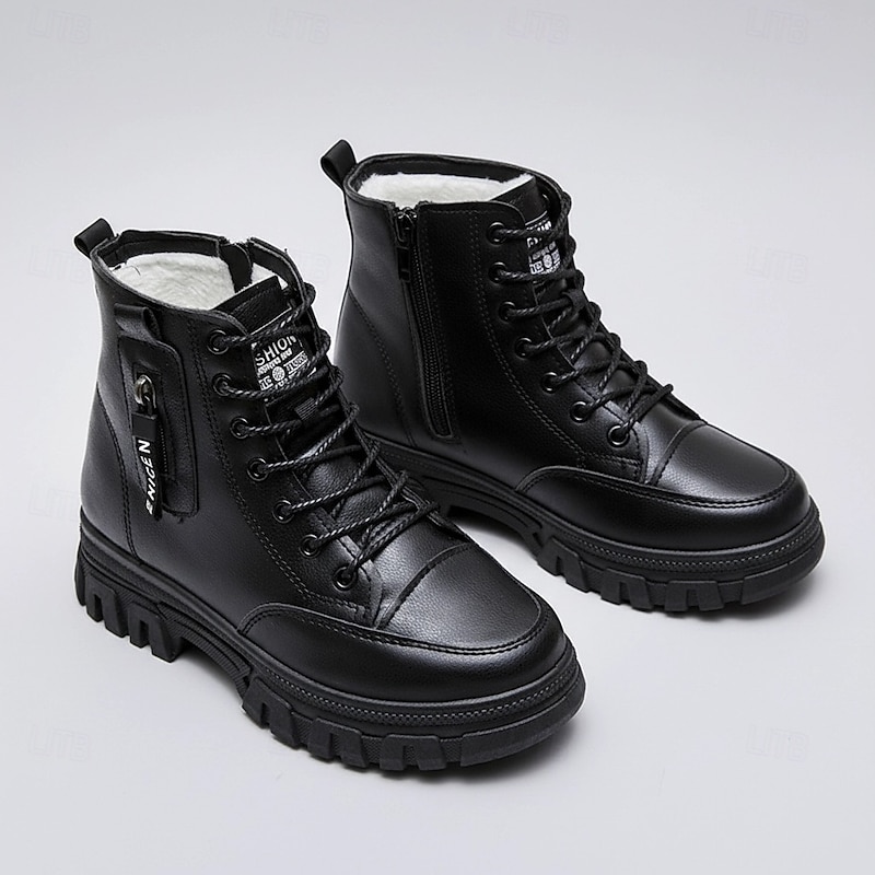 Women's Black Faux Fur Lined Platform Combat Ankle Boots, Cozy & Edgy with Non - Slip Lug Sole, Ideal for Winter3