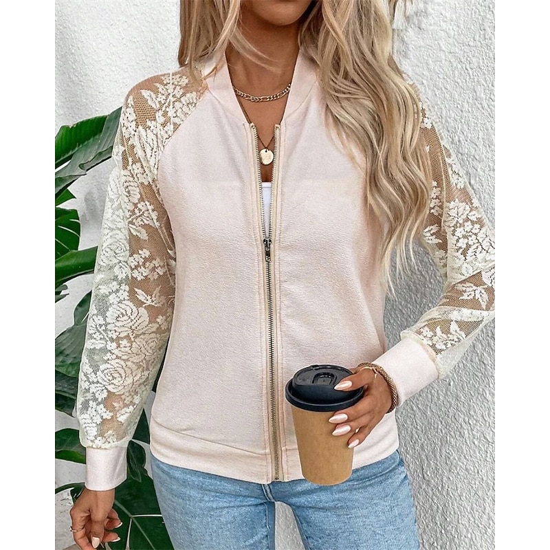 Women's Jacket Casual Jacket Comfortable Breathable Lace Zipper Pocket Fashion Modern Casual Floral Going out Weekend Zipper Regular Stand Collar Regular Fit Long Sleeve Outerwear Black White Spring2