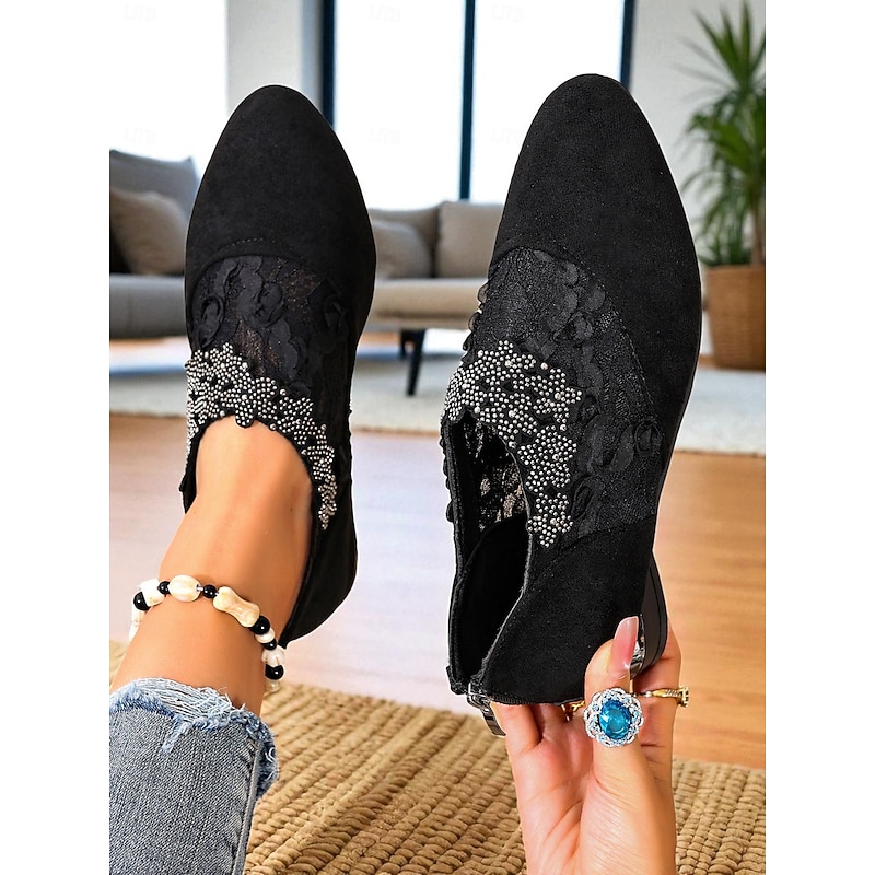 Women's Black Suede Slip-On Shoes with Lace and Rhinestone Detailing - Elegant Low Heel Footwear for Ladies, Perfect for Casual Outfits, Evening Parties & Office Wear