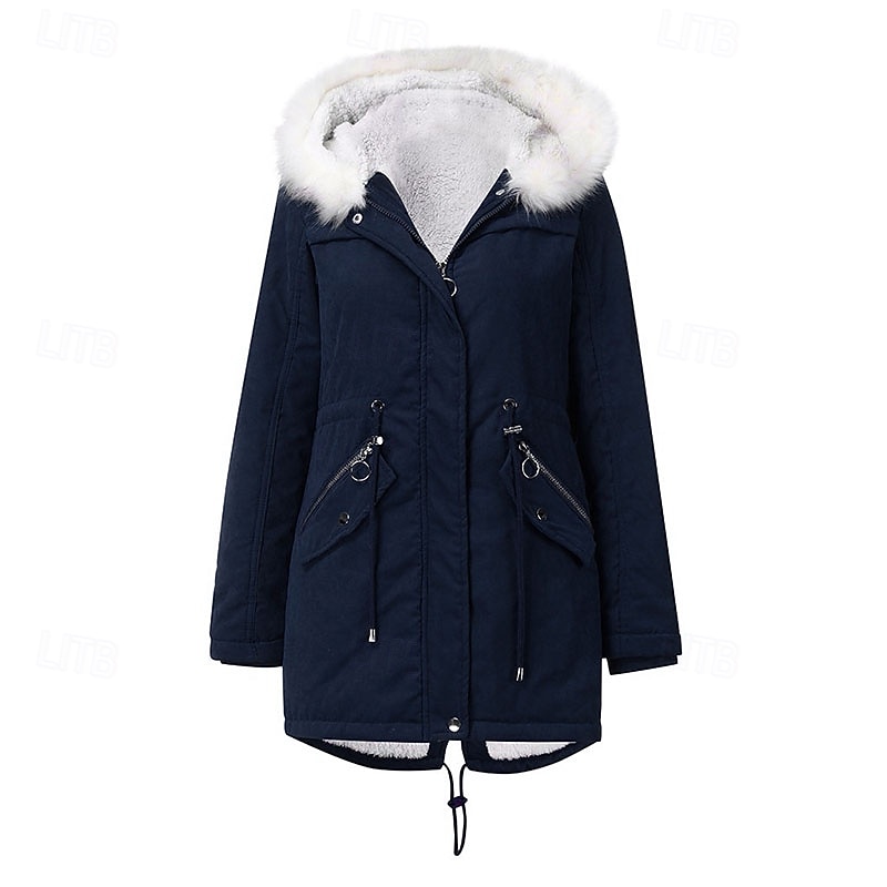 Women's Parka Warm Comfortable Zipper Pocket With Belt Casual Plain Vacation Street Casual Daily Wear Long Hooded Regular Fit Long Sleeve Outerwear Navy Black Pink Fall Winter2